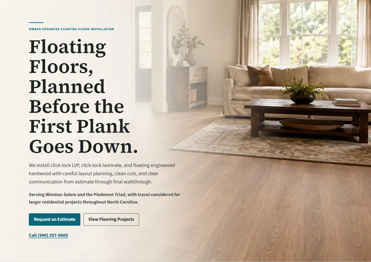 Appalachian Home Worx homepage hero, showing the headline and a living room photo with newly installed flooring.