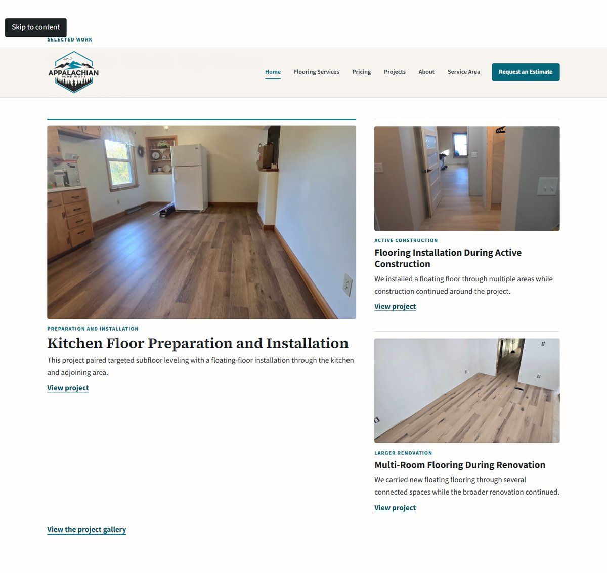 The Selected Work section of the homepage, showing a grid of real flooring project photos with titles and short descriptions.