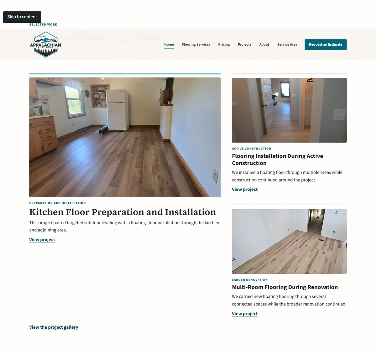 The Selected Work section of the homepage, showing a grid of real flooring project photos with titles and short descriptions.