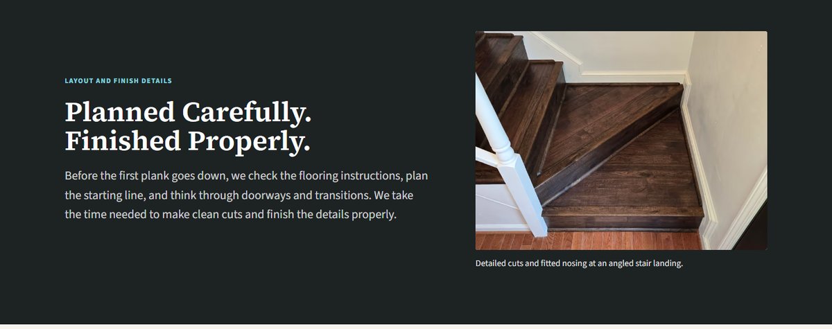 A detail section titled "Planned Carefully. Finished Properly." with a close-up photo of a stair installation.
