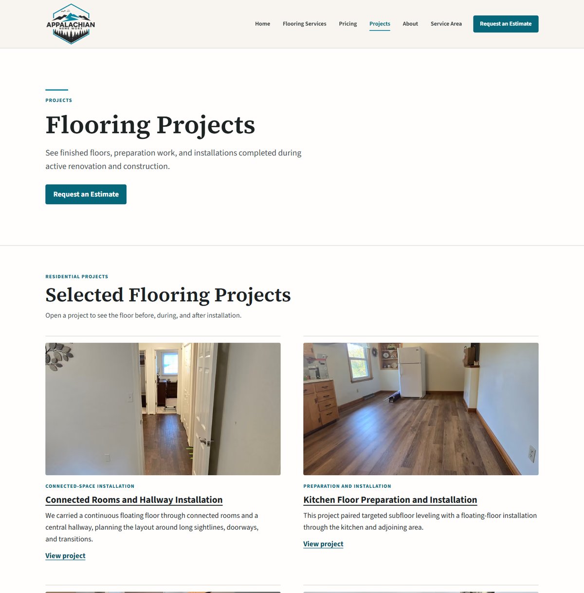 The dedicated Projects page, listing completed flooring projects in a two-column grid.