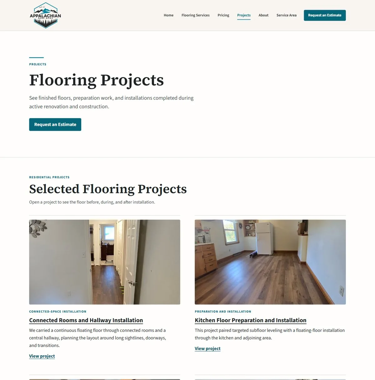 The dedicated Projects page, listing completed flooring projects in a two-column grid.
