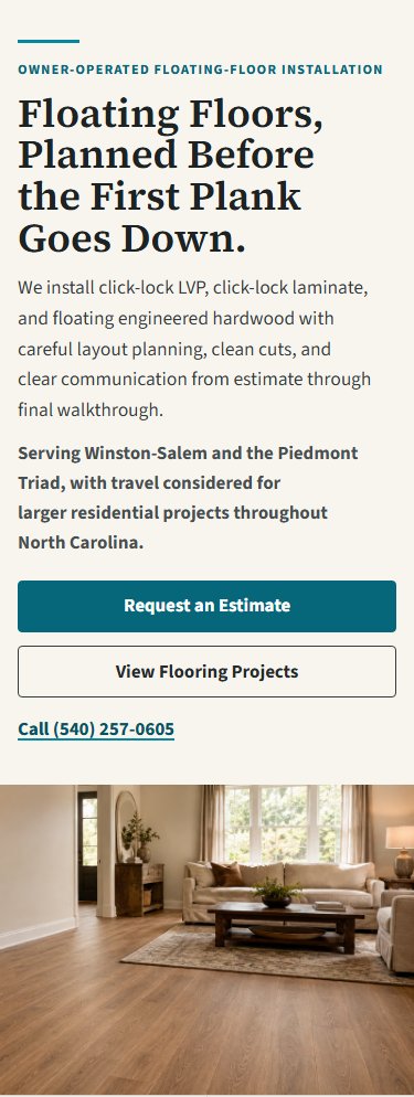 The homepage hero on a mobile screen, showing the headline, service description, and estimate/call-to-action buttons stacked for a phone.