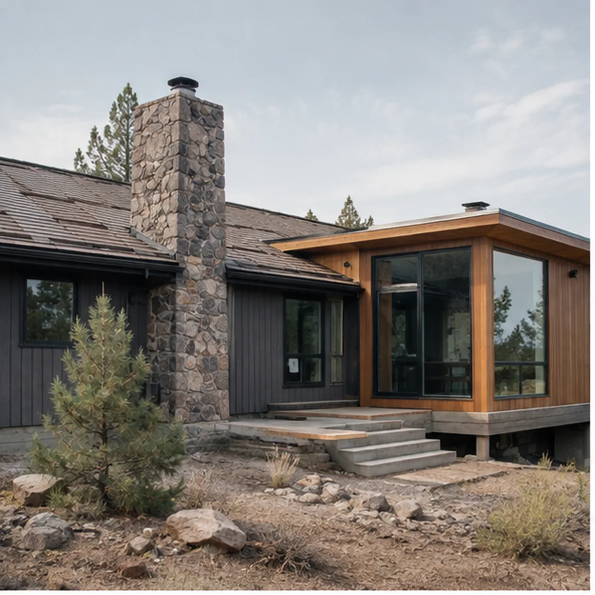 High Desert Rework exterior showing the retained dark residence joined to a restrained warm-wood addition.