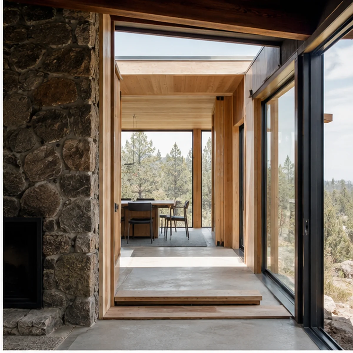 High Desert Rework interior threshold between retained masonry and the new glazed addition.