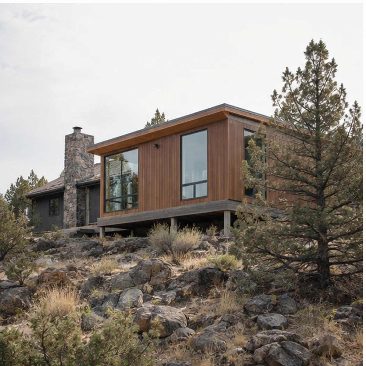 High Desert Rework site-side view showing the addition integrated with rocks, juniper, and slope.