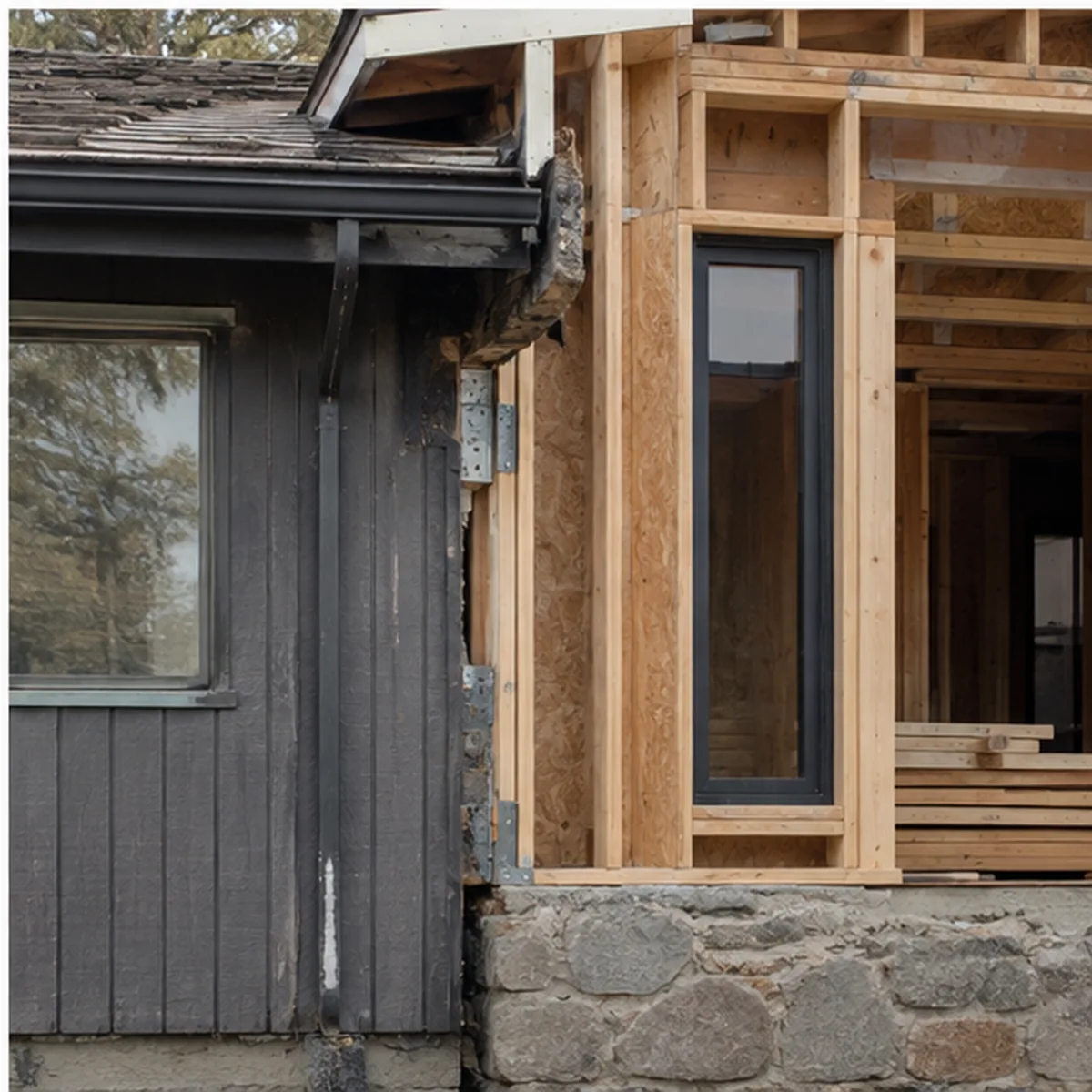 High Desert Rework construction detail where retained structure meets new framing and material junctions.