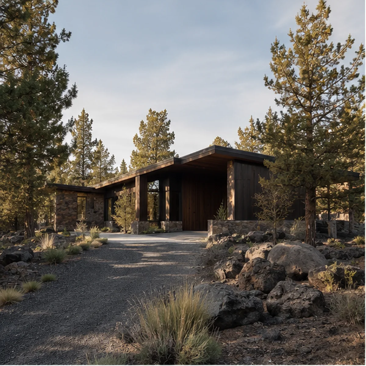 Juniper Fold arrival view with the low dark-wood house threaded among junipers and volcanic rock.
