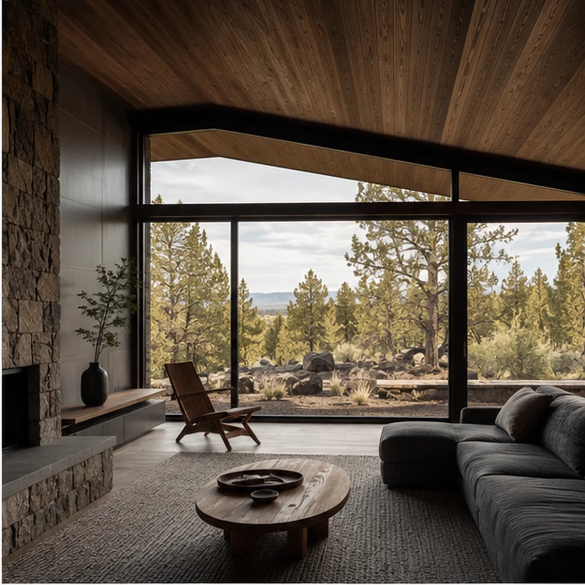 Juniper Fold living space looking through broad glazing toward the juniper landscape.
