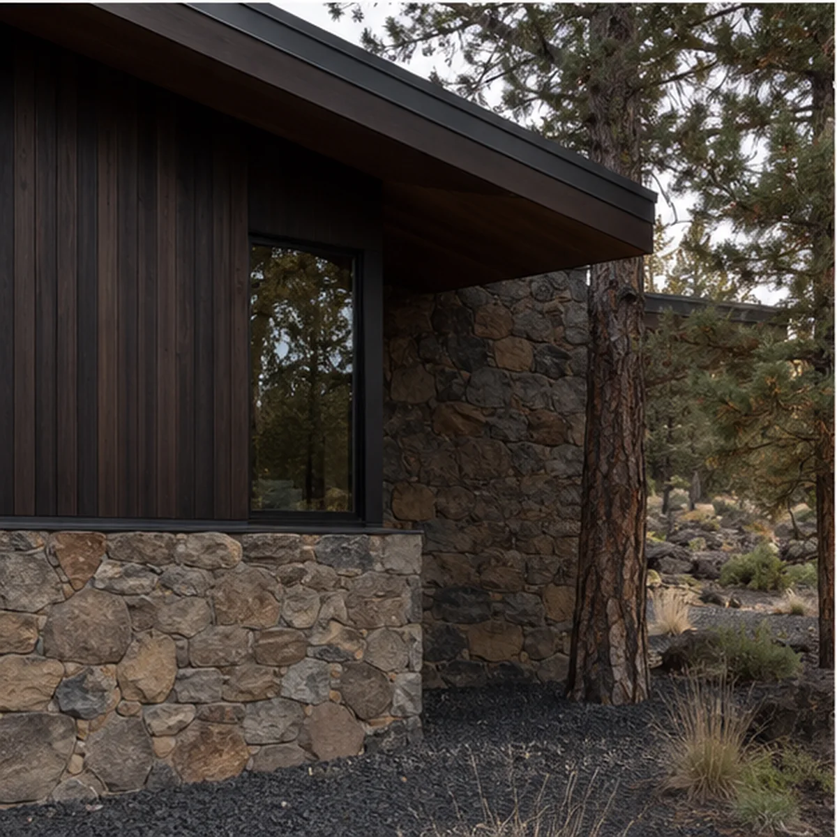 Juniper Fold material junction of regional stone, dark wood, glazing, and roof edge.