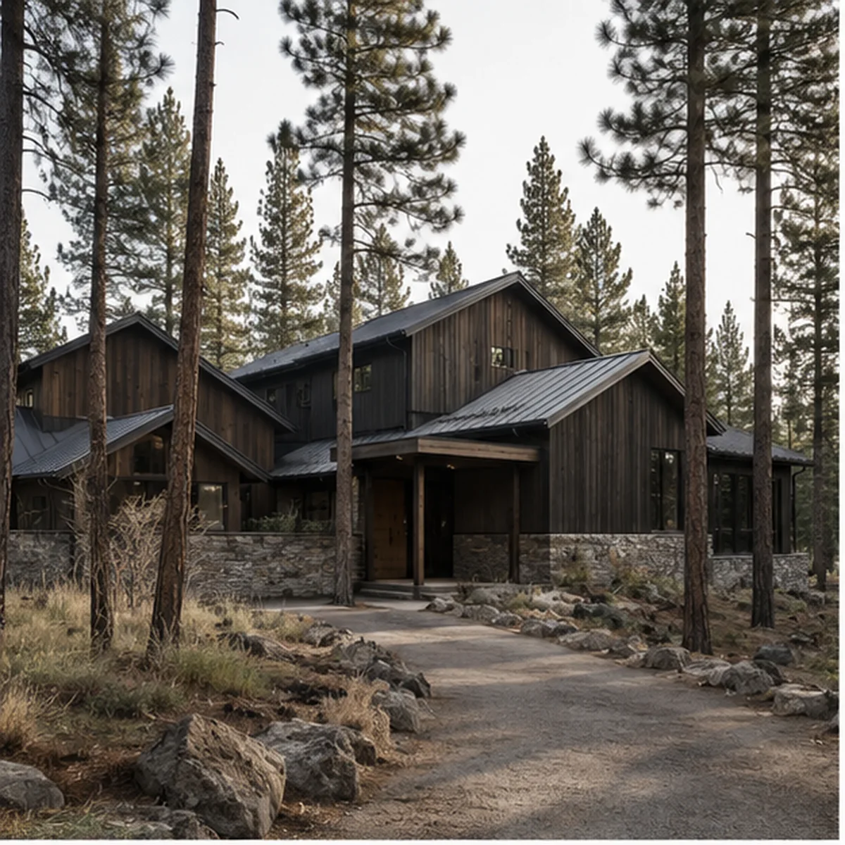 Pine Ridge Second Home arrival view among mature pines and clustered dark-wood volumes.