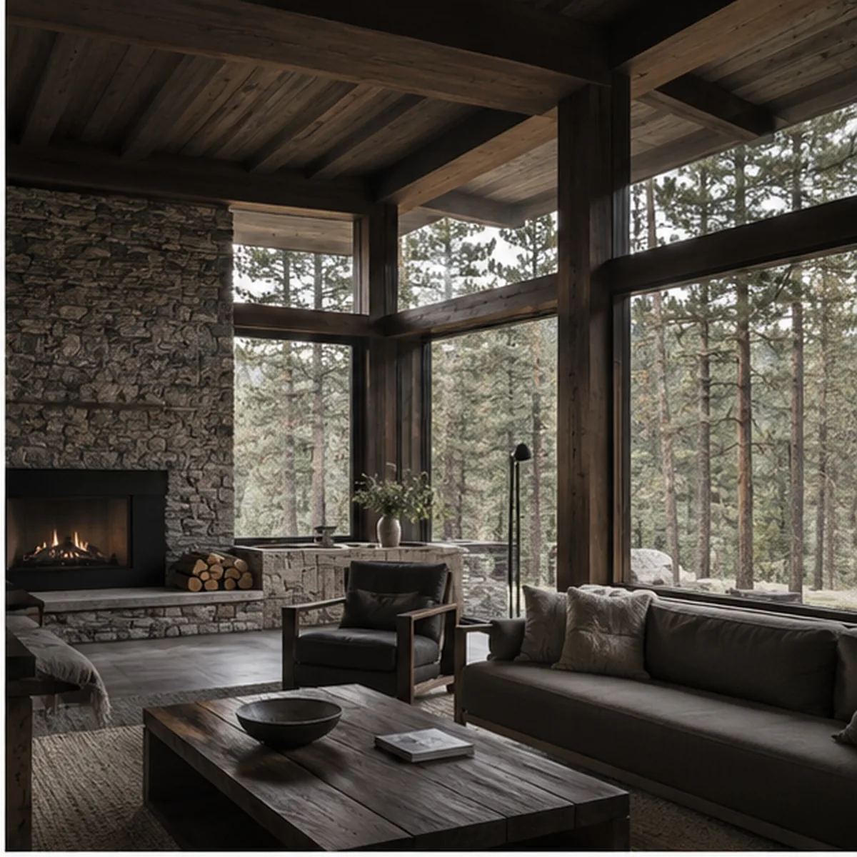 Pine Ridge living space with timber, stone hearth, and pine-forest glazing.