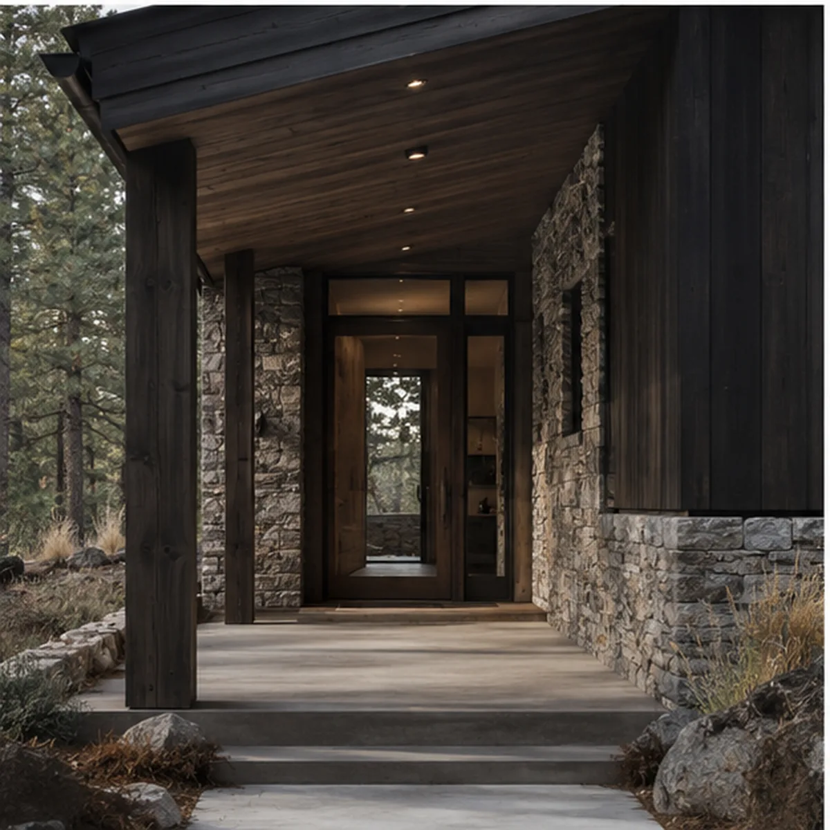Pine Ridge protected covered entry and durable stone/wood threshold.