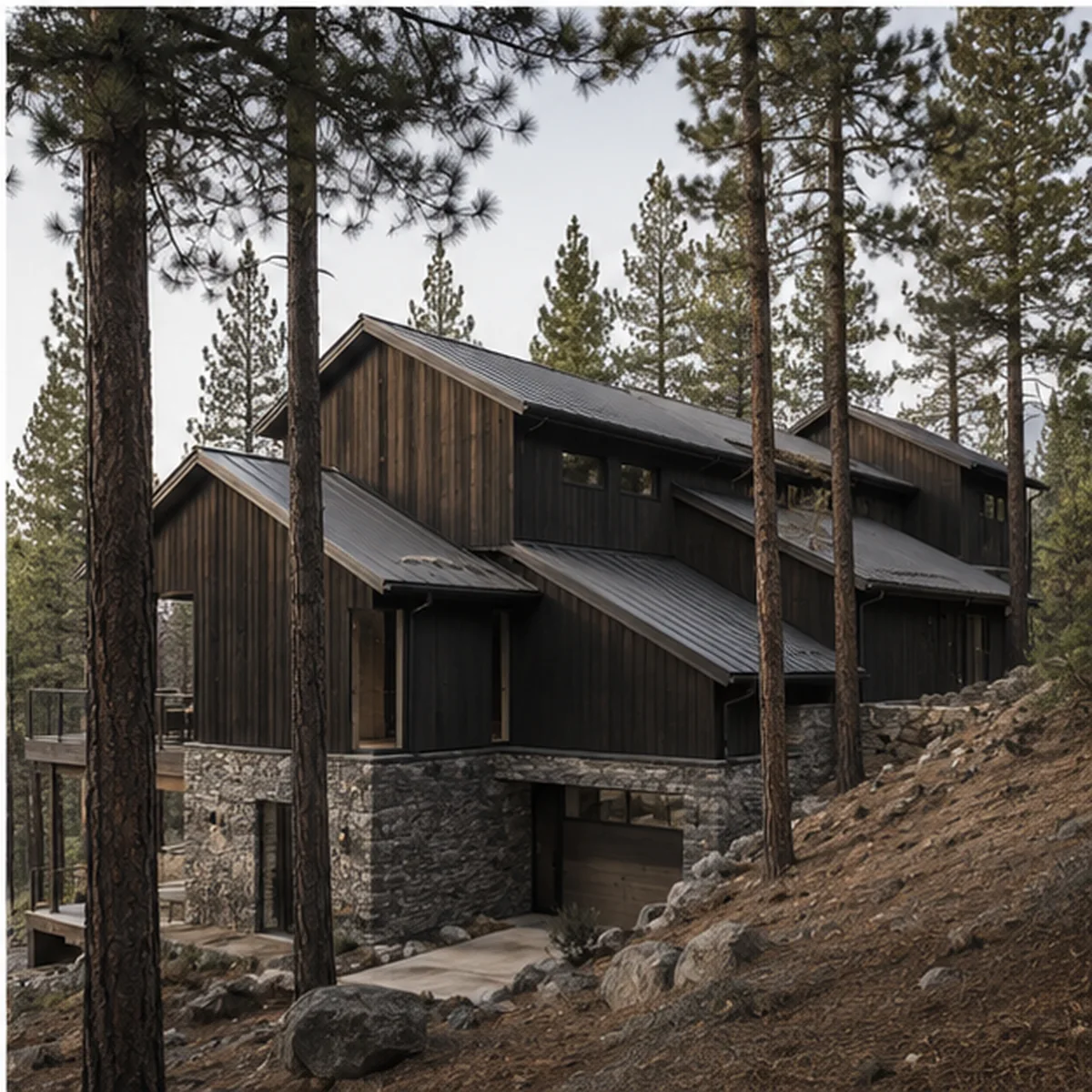 Pine Ridge rear view showing compact volumes stepping through the forested slope.
