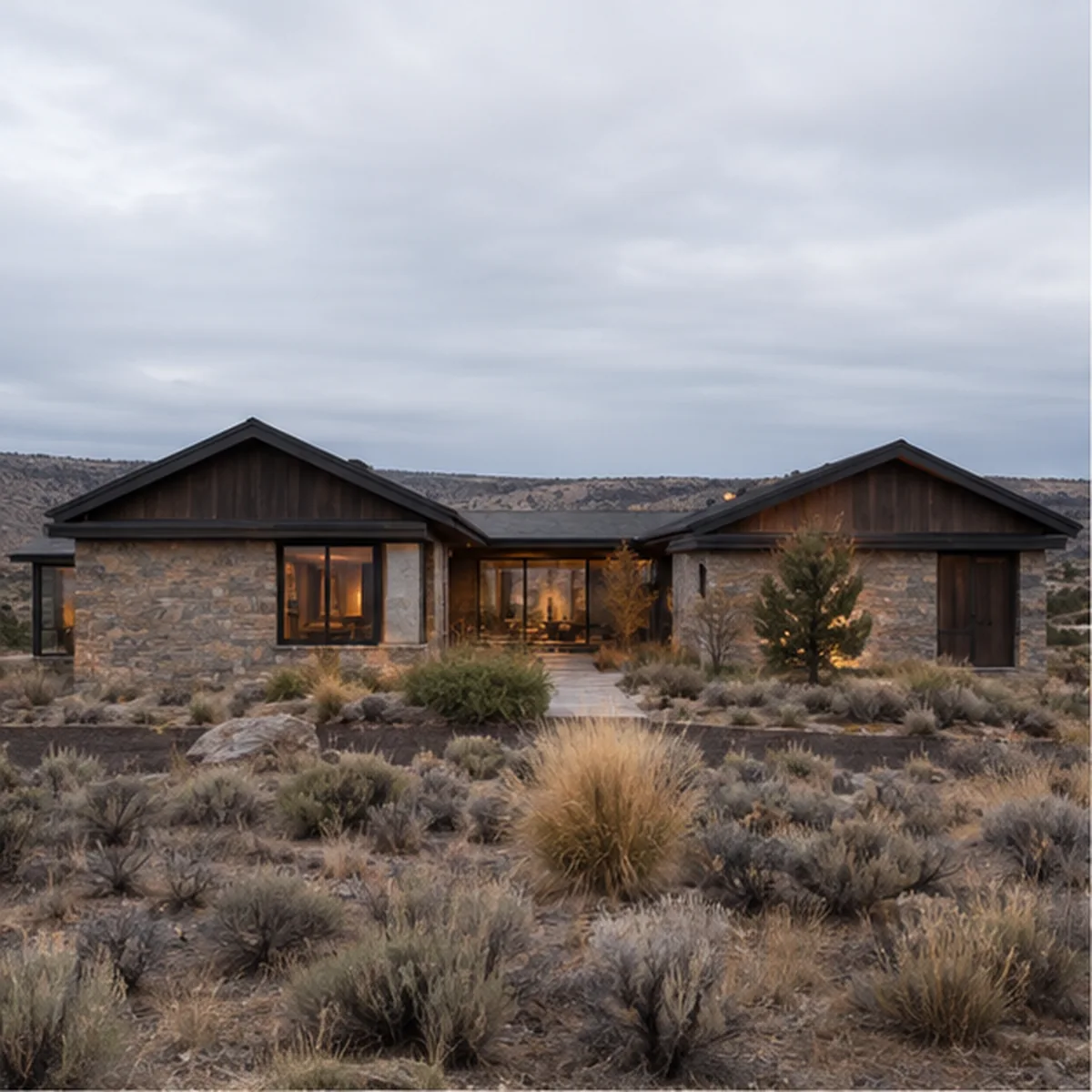 Rimrock Courtyard exterior showing stone-and-wood wings forming a sheltered high-desert court.