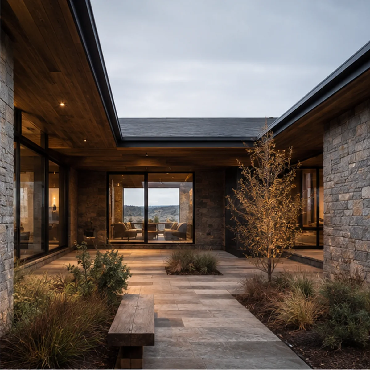 Sheltered Rimrock Courtyard with stone walls, timber soffits, and controlled glazing.