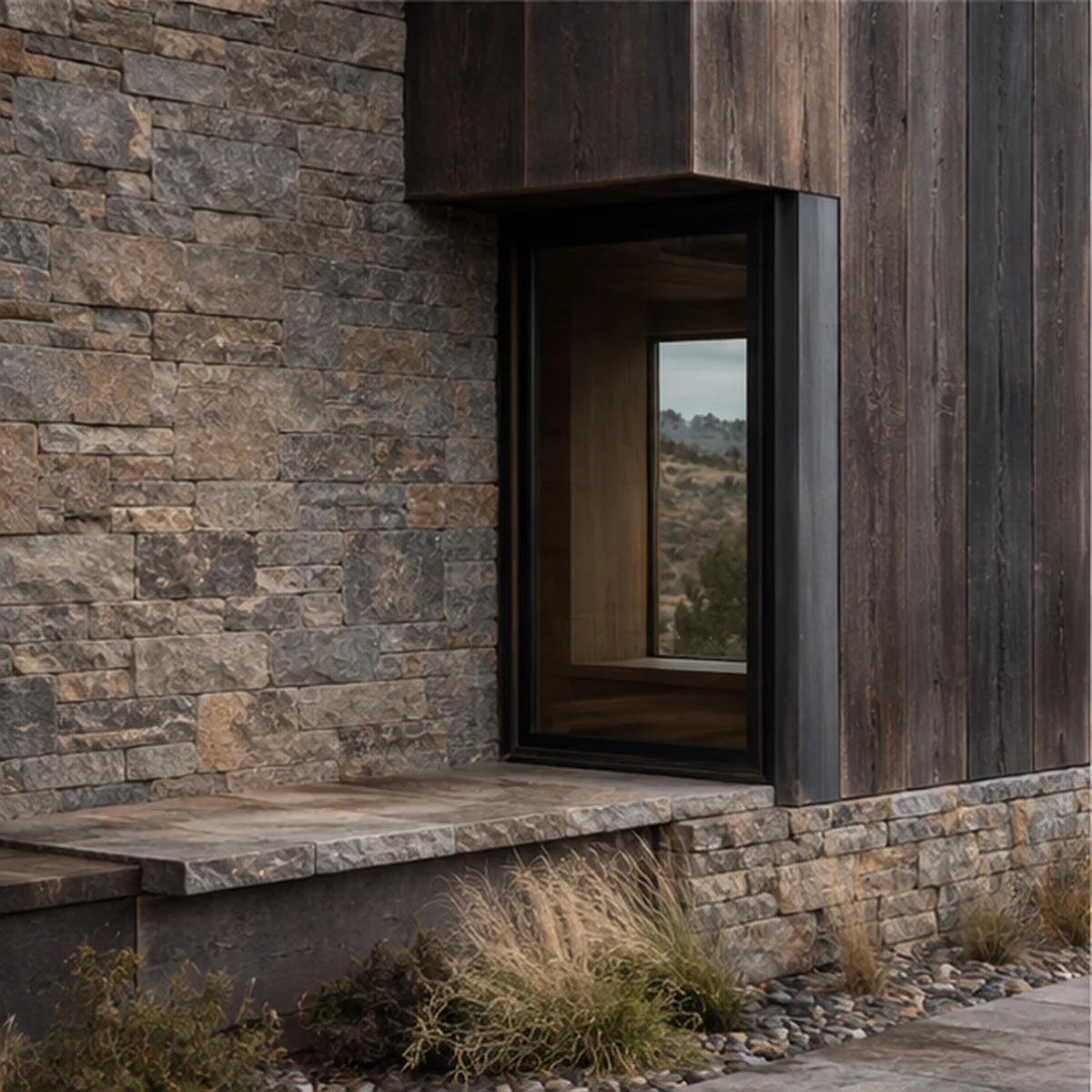 Rimrock material detail where regional stone, dark wood, and window trim meet.
