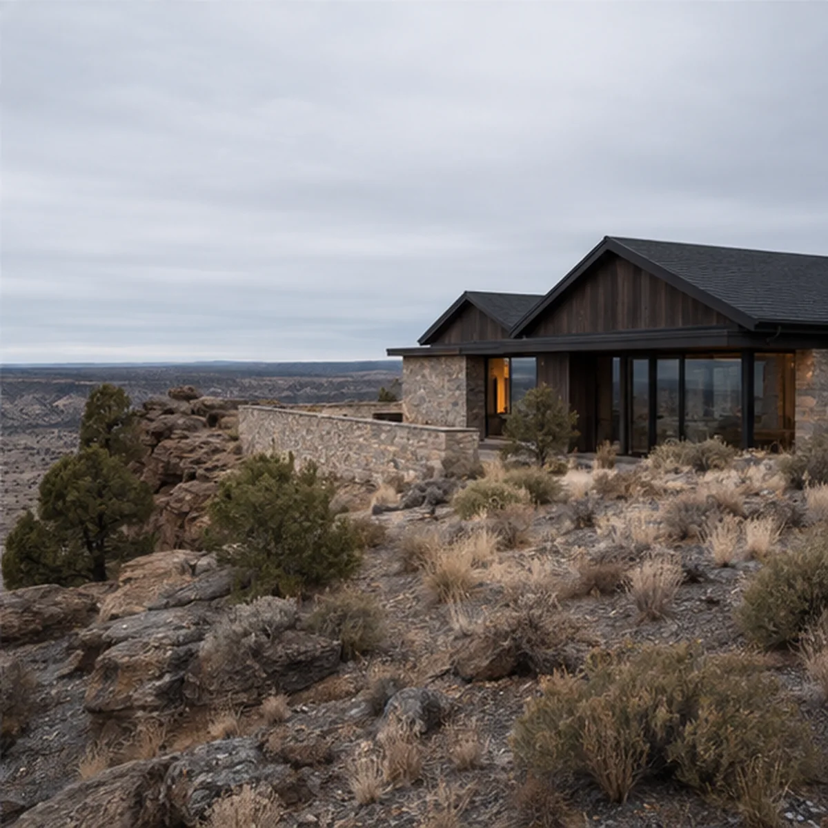 Rimrock site-side view showing the house sheltering its courtyard from the exposed rimrock edge.