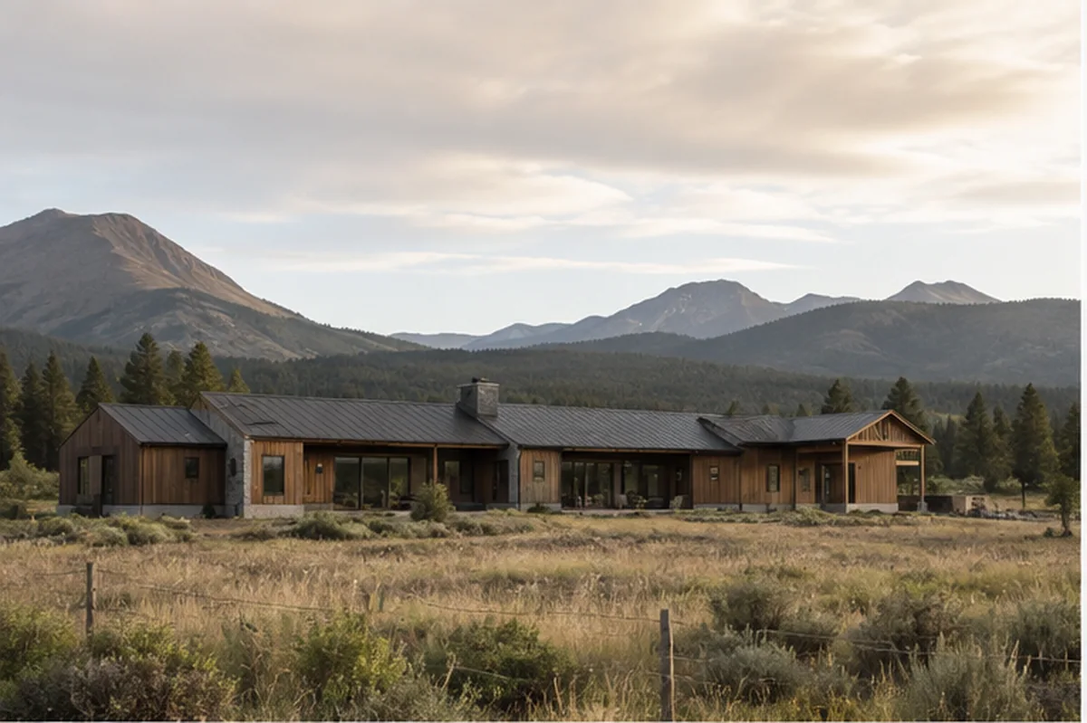 Tumalo Meadow House stretched along a rural meadow with distant mountain views.