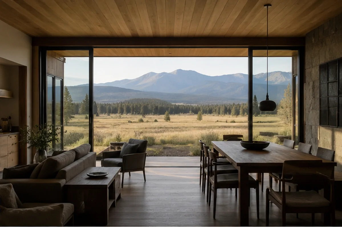 Tumalo Meadow living and dining space framed toward the meadow and mountains.