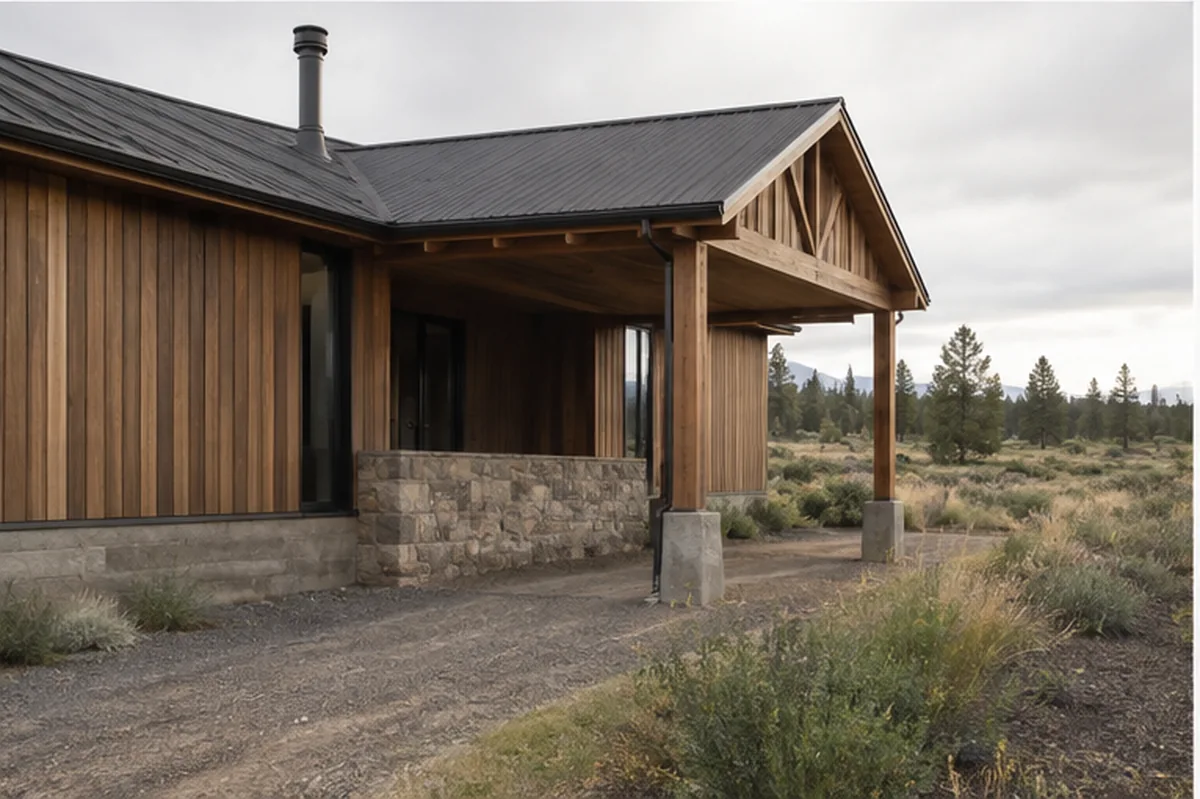 Tumalo Meadow covered service-side entry with durable rural materials.