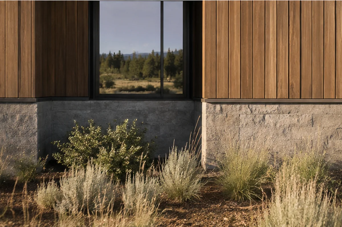 Tumalo Meadow detail of warm wood, concrete/stone base, glazing, and meadow planting.