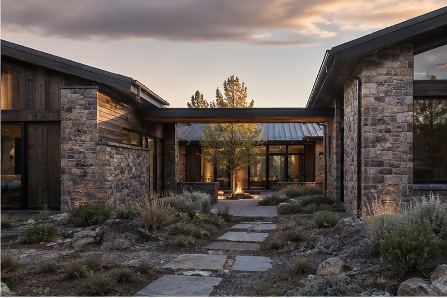Rimrock Courtyard, stone and wood wings forming a sheltered high-desert court.