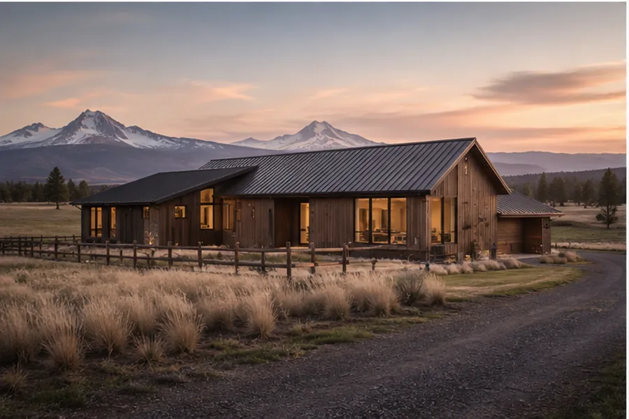 Tumalo Meadow, an elongated rural home facing meadow and distant Cascades.