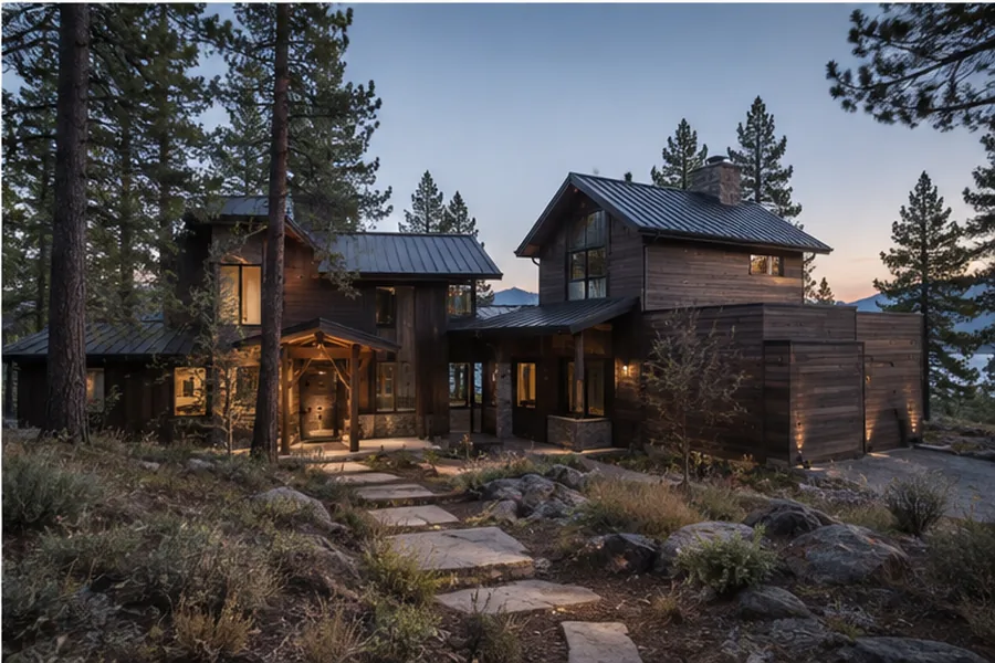 Pine Ridge, clustered dark-wood volumes among mature pines.