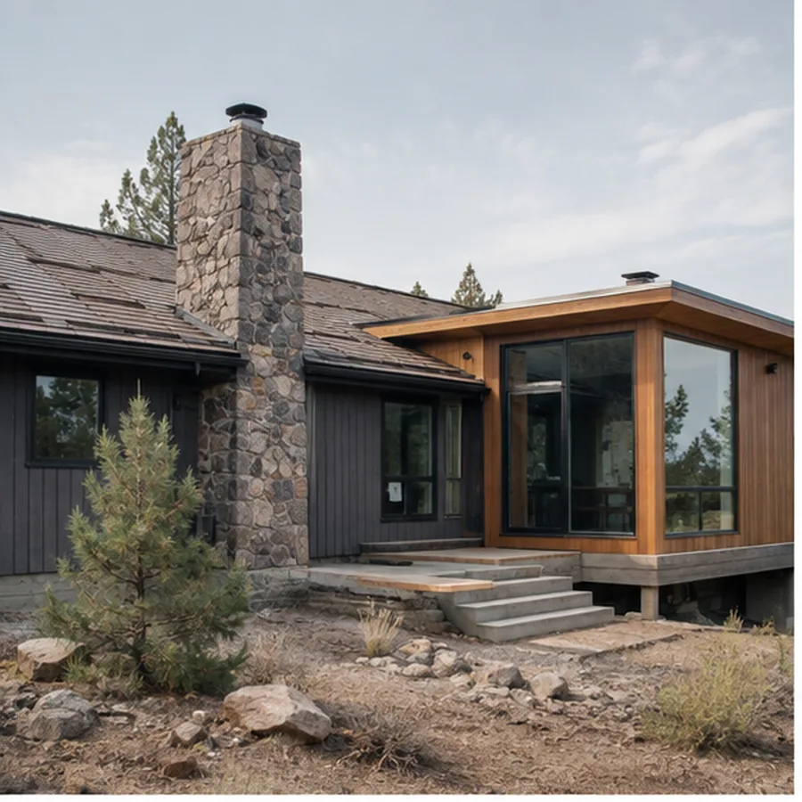 High Desert Rework showing original dark siding joined to a warm-wood addition.