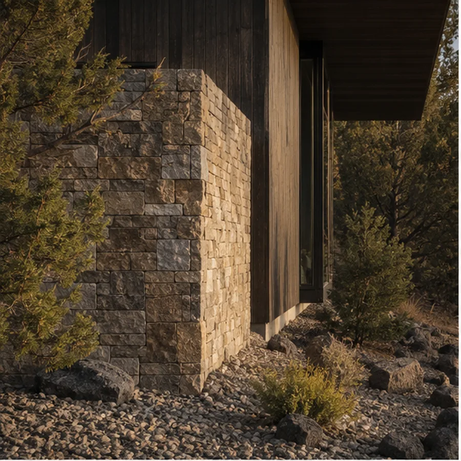 Regional stone and dark wood meeting high-desert juniper and volcanic gravel.