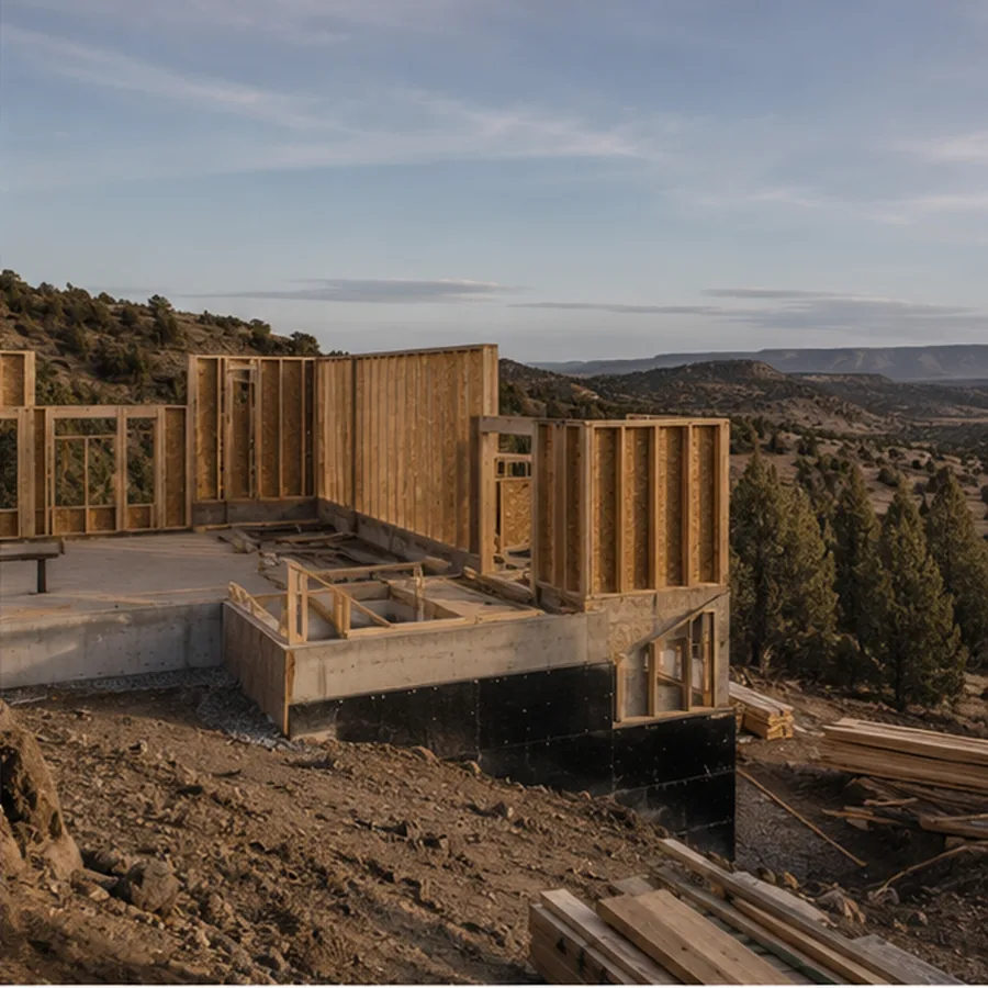 Early framed custom-home walls on a sloped Central Oregon site.