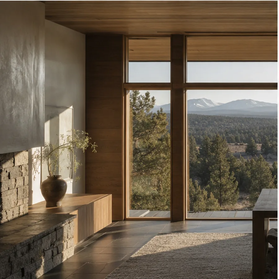 Restrained interior of wood, stone, plaster, and large landscape glazing.