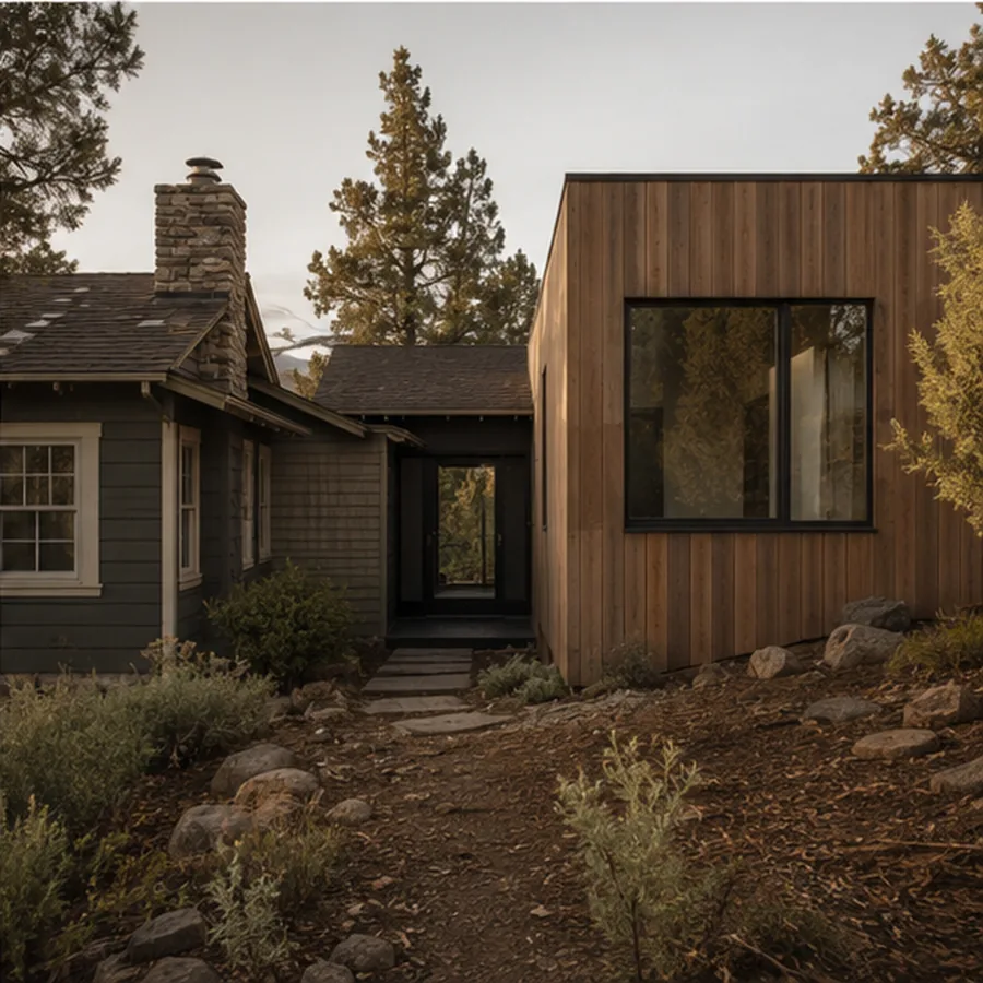 Existing dark residence joined to a restrained warm-wood addition.