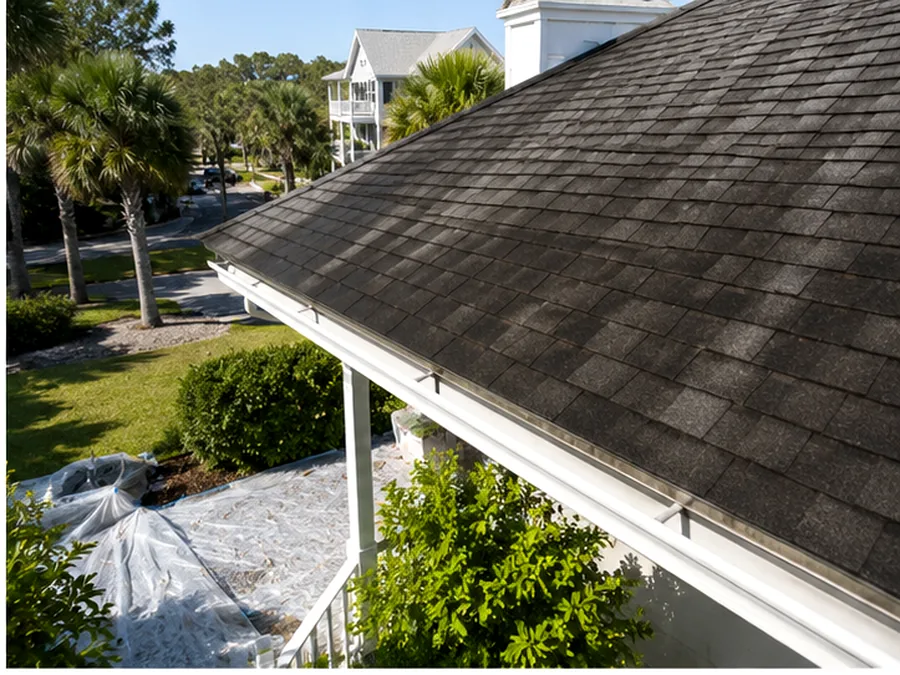 Fictional matched roof comparison showing the same surface before and after cleaning. After state.