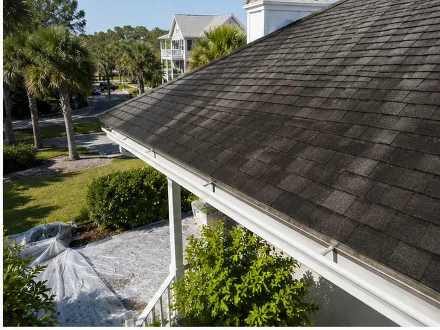 Fictional matched roof comparison showing the same surface before and after cleaning. Before state.