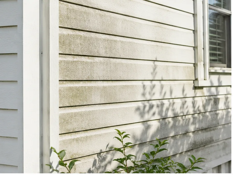 Light organic staining on pale clapboard siding before cleaning.
