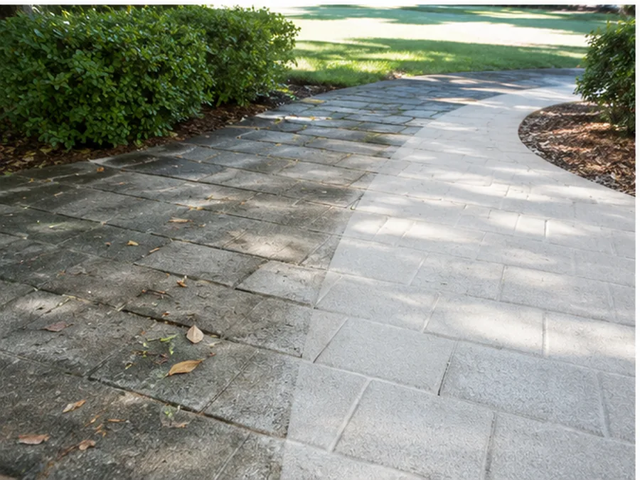 Residential paver walkway showing weathering and a cleaner section.