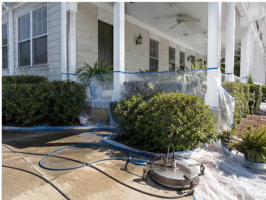 Exterior-cleaning preparation with shrubs and porch furnishings protected.