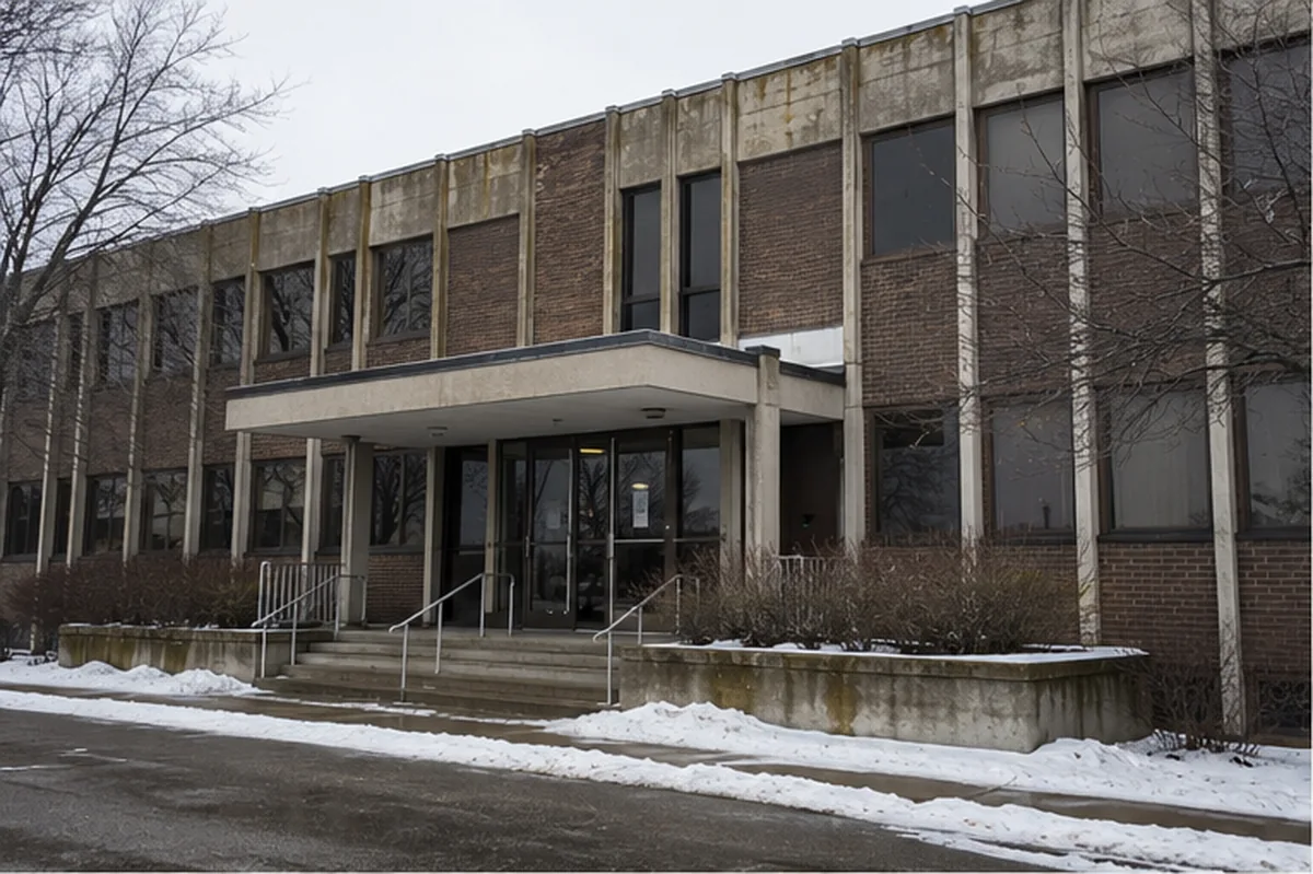 Civic Services Annex existing exterior showing aging envelope and entry conditions in winter.