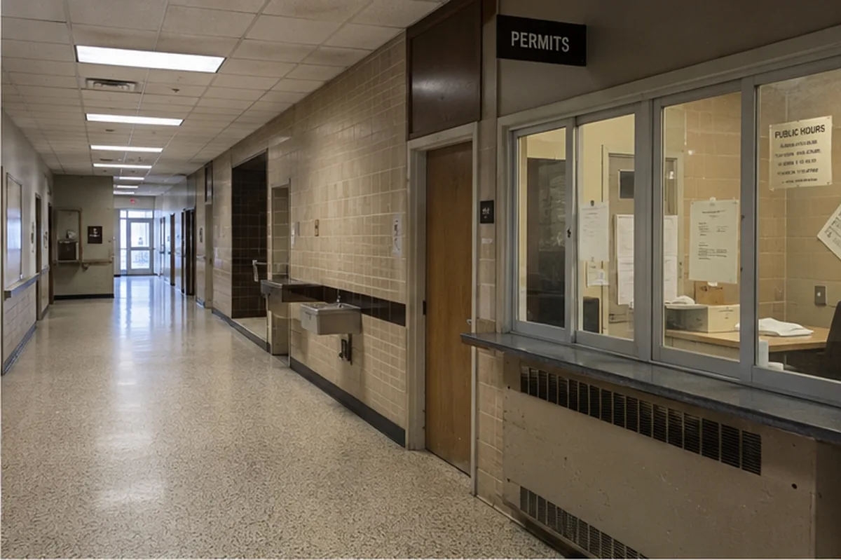 Civic Services Annex existing public corridor and service counter showing dated layout constraints.