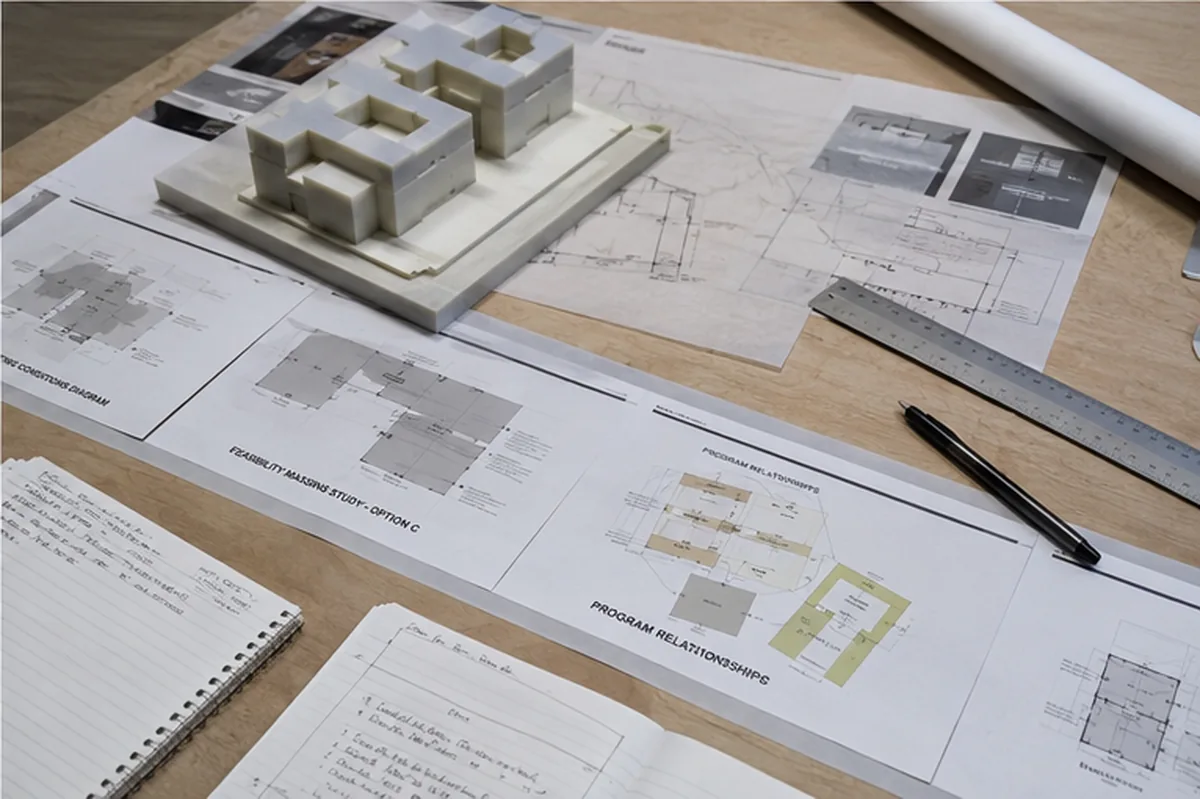 Civic Services Annex feasibility table with existing-condition drawings, massing model, trace, and scale.