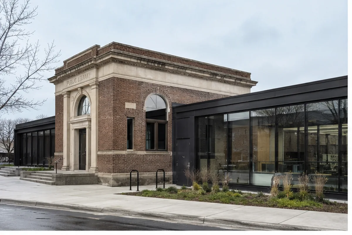 Eastbank Library exterior pairing historic civic brick with a restrained contemporary addition.