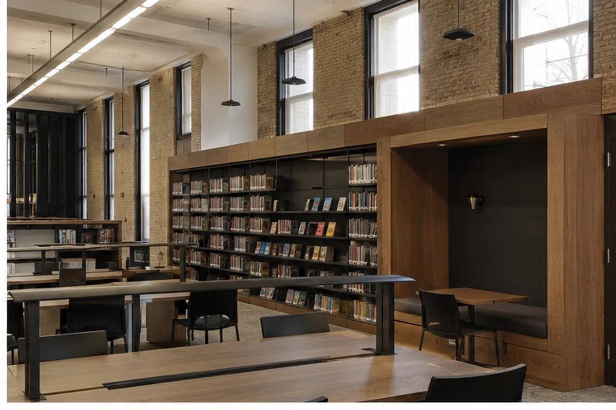 Eastbank Library reading space preserving masonry and tall windows alongside new wood insertions.