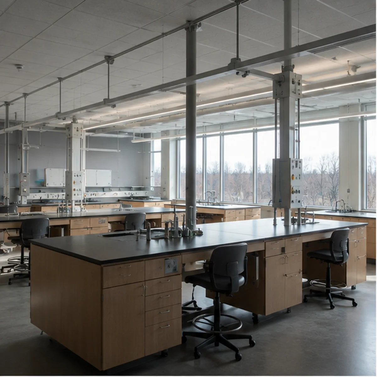 Lakeside Technical College teaching laboratory with durable benches and overhead service carriers.