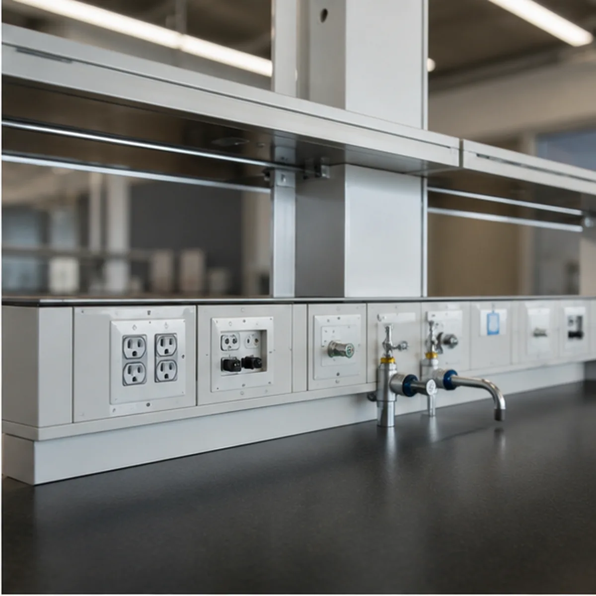 Lakeside laboratory bench/service detail showing coordinated outlets and generic utilities.