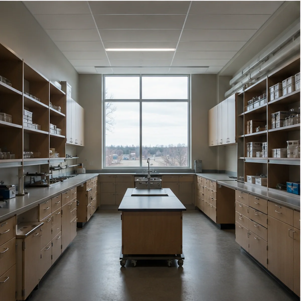 Lakeside preparation/support room using the same durable laboratory material system.