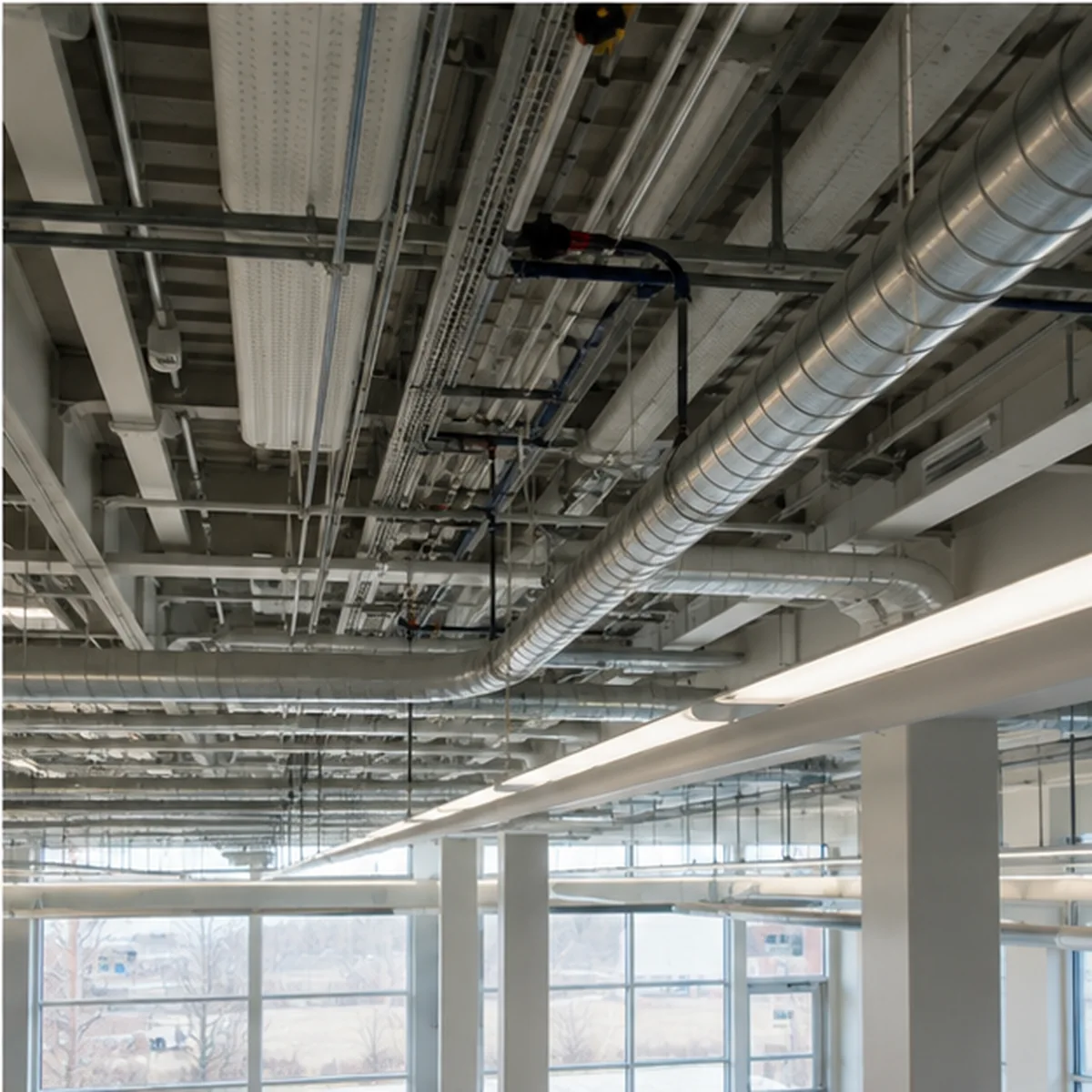 Lakeside ceiling/service coordination showing structure, lighting, ductwork, and accessible service routes.