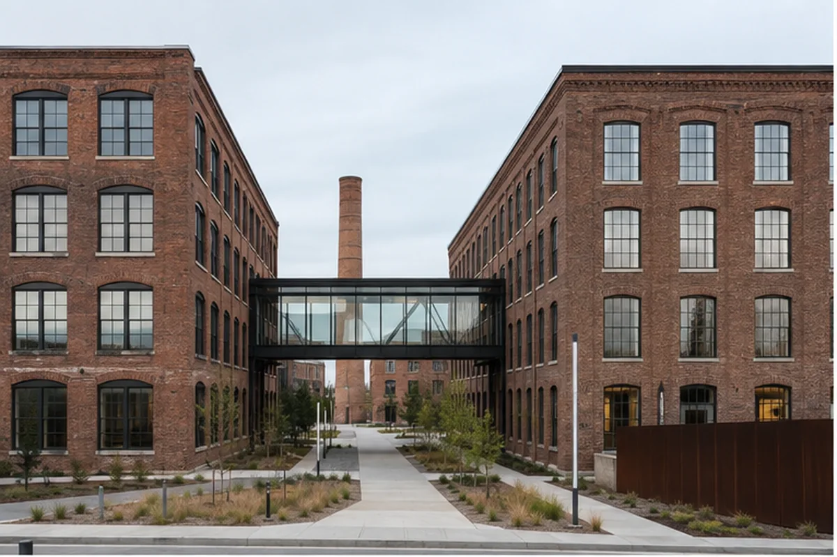 Mill District Arts Campus exterior connecting reused brick mill buildings with a restrained glass link.