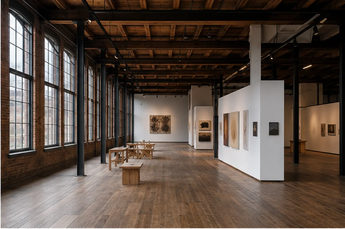 Mill District gallery/studio interior retaining heavy timber, brick, and industrial windows.
